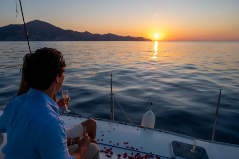 Couple watching sunset from Balos Lagoon viewpoint in Crete