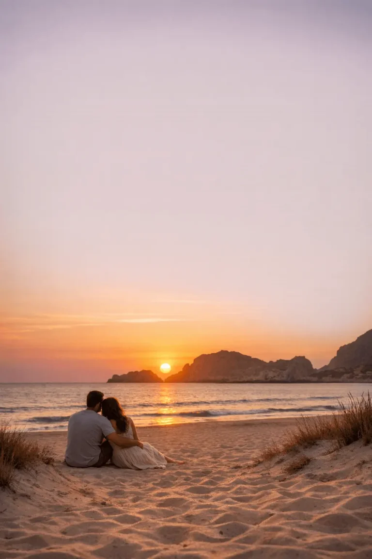 Couple walking on Falassarna Beach during sunset in Crete