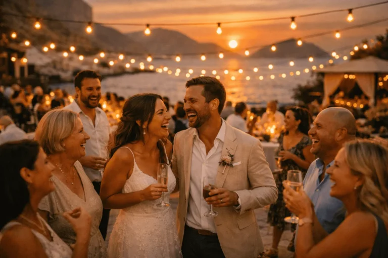 Authentic moment of a couple with guests during a seaside wedding reception in Crete