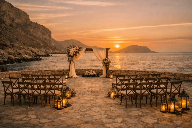 Elegant seaside wedding ceremony setup in Crete with couple and sunset view