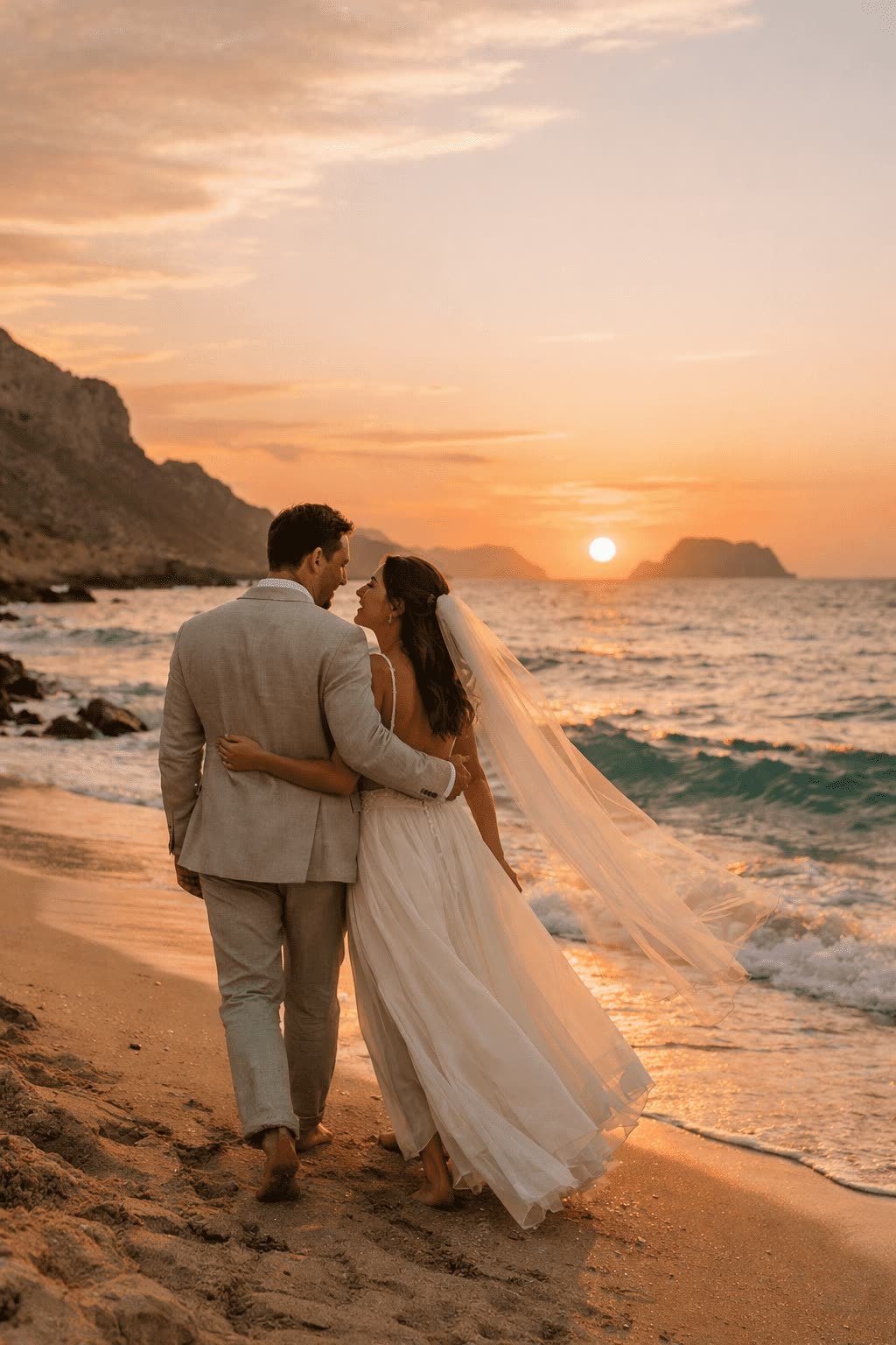 Couple at sunset on a beach in Crete during their destination wedding, cinematic editorial style