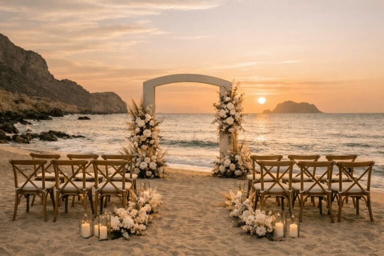 Sunset wedding setup by the sea in Crete, Greece – cinematic editorial style