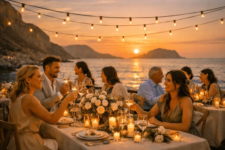 Elegant seaside wedding dinner in Crete with guests enjoying entertainment and accommodation atmosphere
