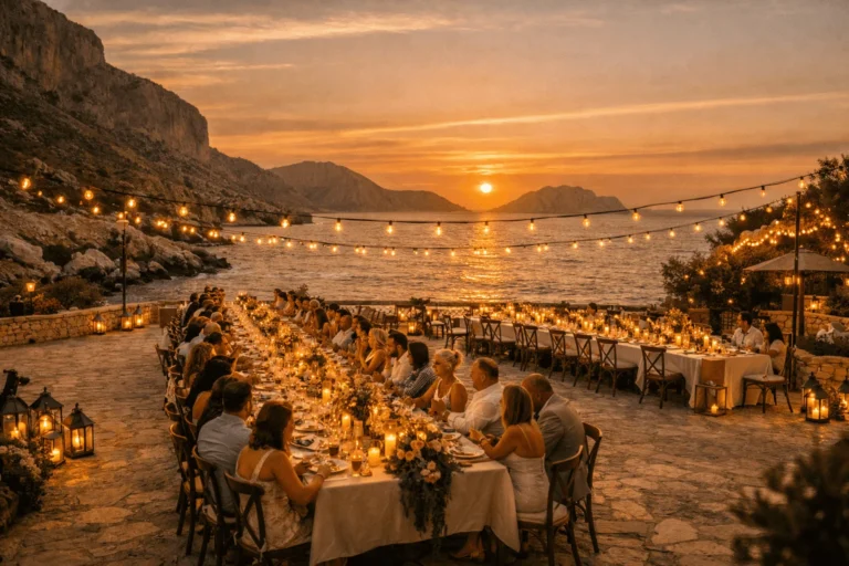 Elegant seaside wedding reception in Crete with long table and guests enjoying dinner at sunset