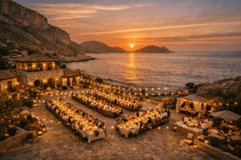 Drone view of a luxury seaside wedding reception in Crete with long tables and sunset atmosphere