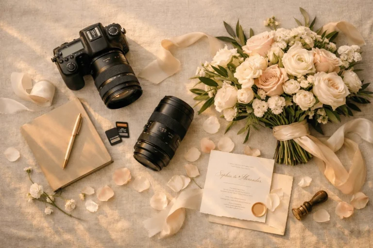 Editorial flatlay of wedding photography gear and floral styling details in Crete, Greece