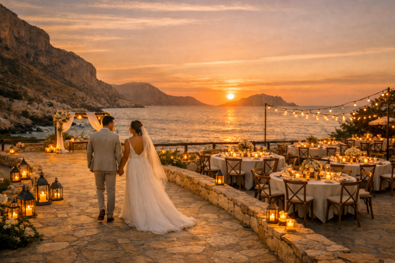 Wide cinematic view of a couple at sunset during their destination wedding in Crete, showing the venue and sea