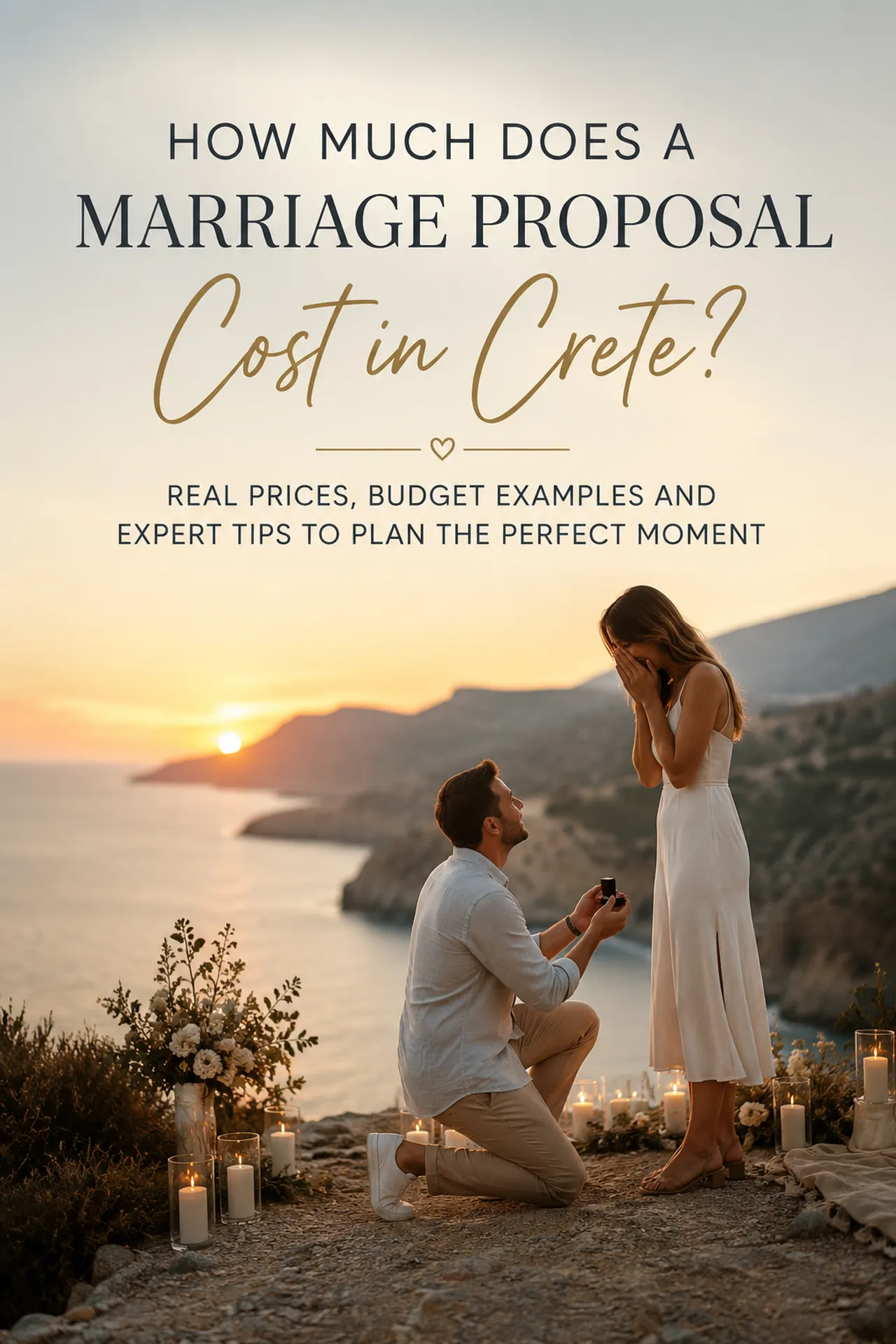 Couple during a romantic sunset marriage proposal in Crete featured in the proposal cost guide.